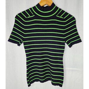 Free Assembly Black & Green Striped Ribbed Short Sleeve Mock Neck Top Size Small